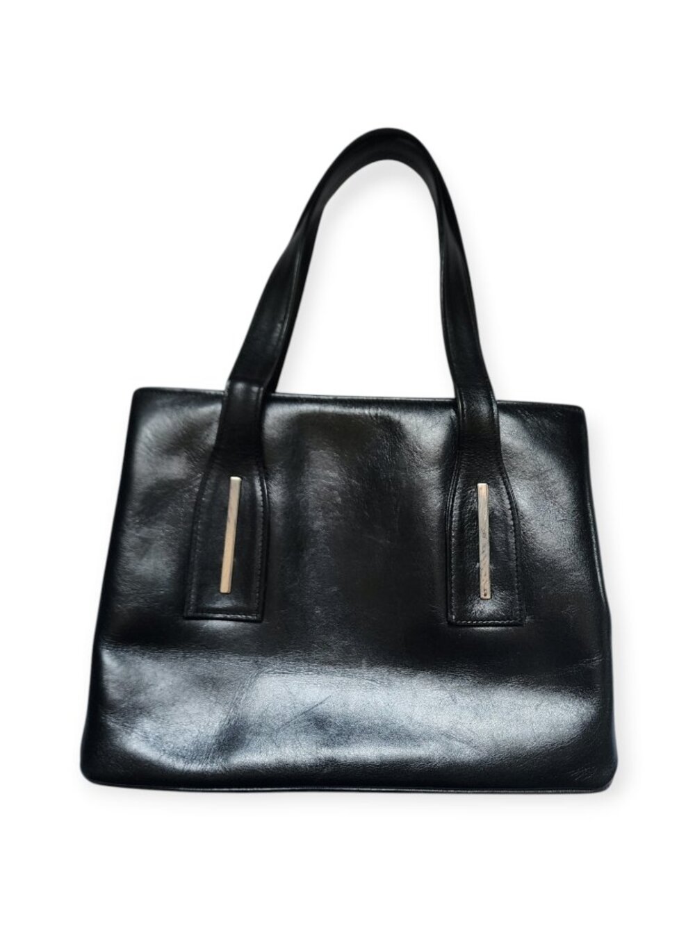 Vintage Black Leather Structured Top Handle Shoulder Bag Purse Minimalist Classi